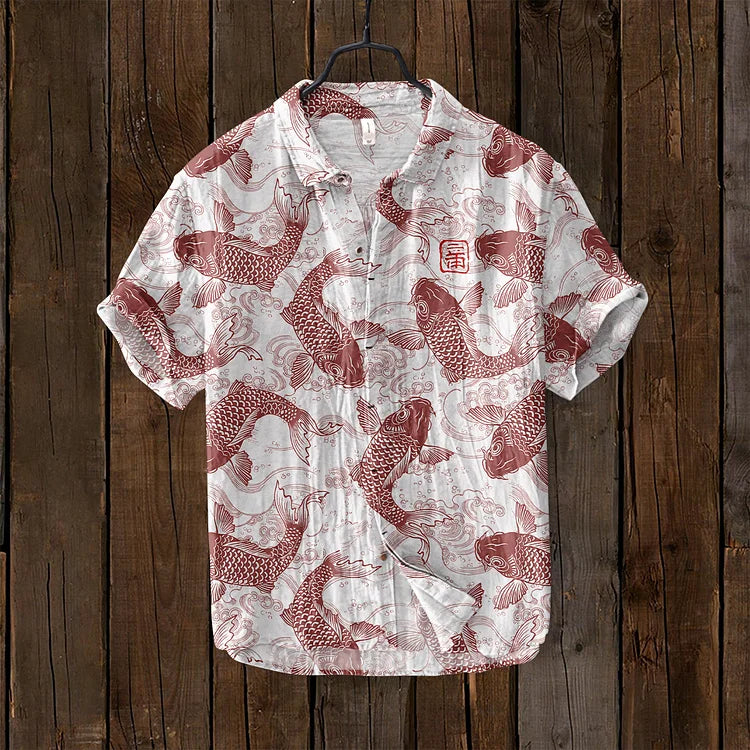 Osamu - vintage fish Japanese art linen blend shirt