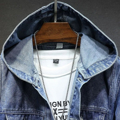 Men's denim jacket with a hood in vintage style