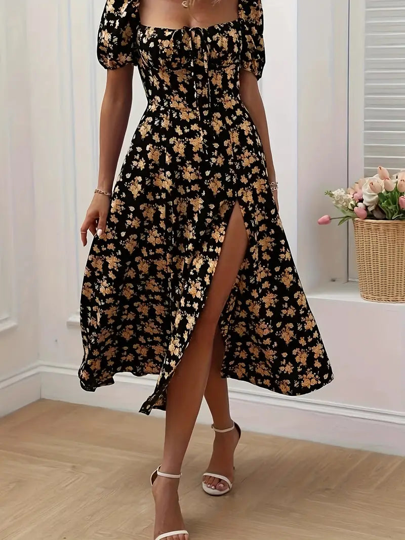 Ava floral print a-line dress with puff sleeves for spring and summer