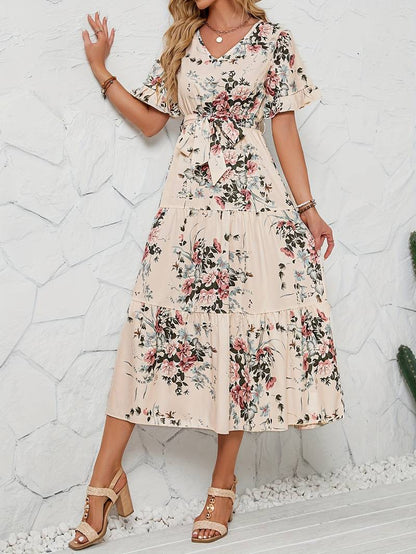 Lily short sleeve floral print ruffle v neck dress