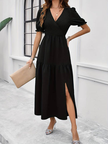 Fiona - shirred v-neck split hem dress