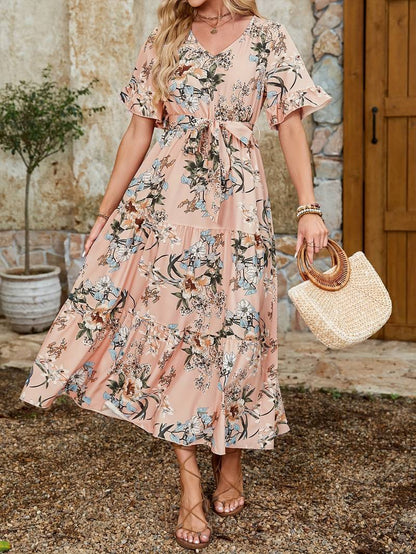 Lily short sleeve floral print ruffle v neck dress