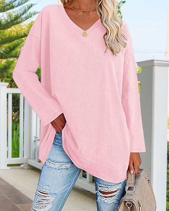 Plain women's blouse with long sleeves and v-neck