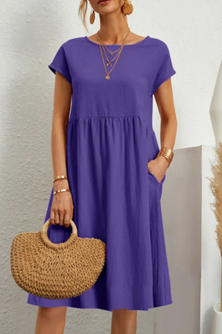 Melanie - plain-colored, casual dress with short sleeves and a round neckline