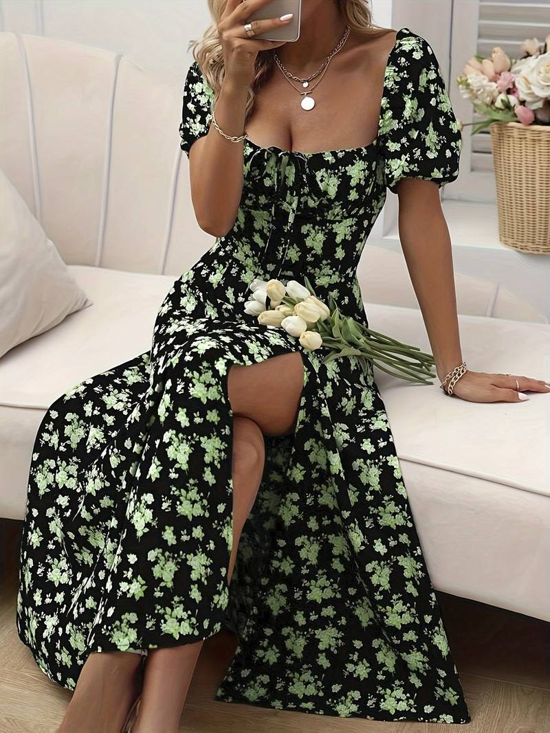 Ava split hem floral a-line dress for spring