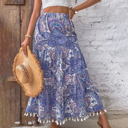 Mia – modern blue maxi skirt with paisley pattern