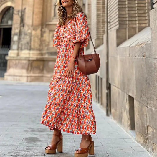 Ava - orange short sleeve v-neck midi dress