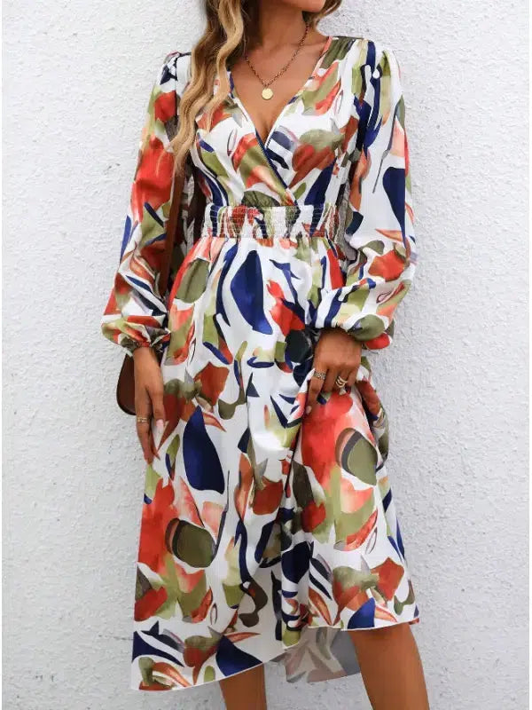 Emily – elegant long-sleeved midi dress with geometric print