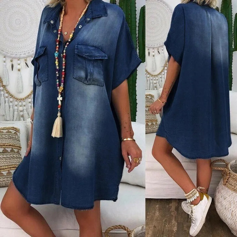 Lily – unique simple short sleeve denim mini dress