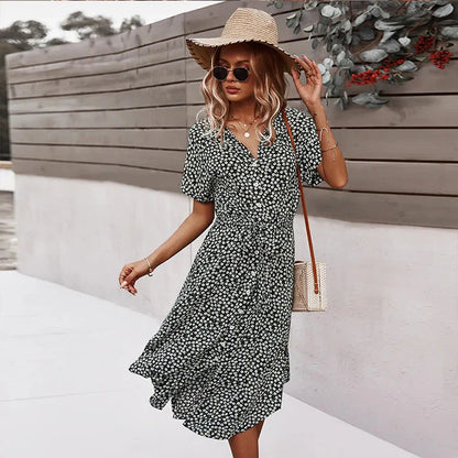 Petra | stylish women's summer new floral dress lace up printed dress