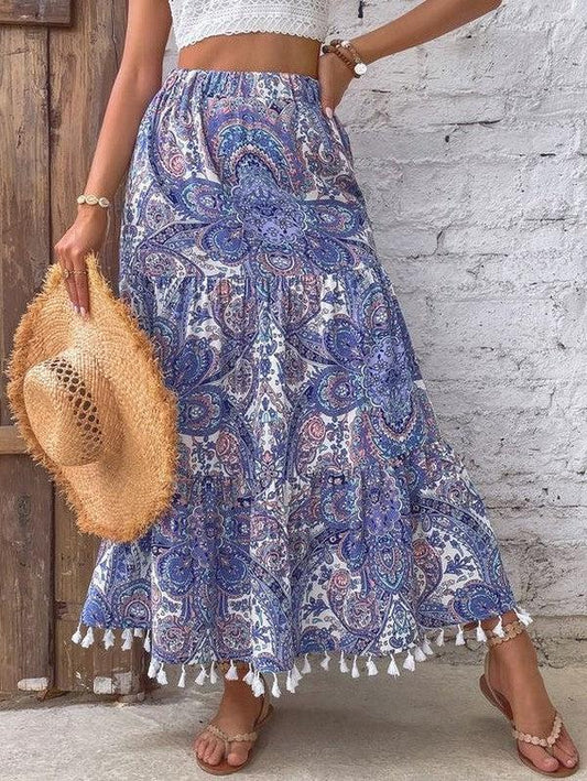 Mia – modern blue maxi skirt with paisley pattern