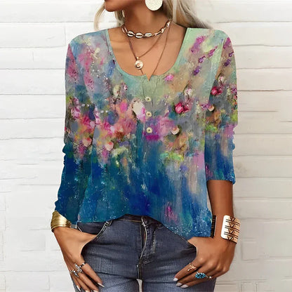 Casual long sleeve floral print t-shirt with crew neck and long sleeves