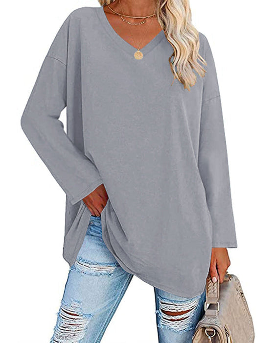 Plain women's blouse with long sleeves and v-neck