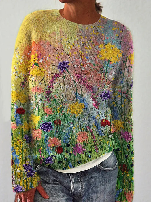 Cozy art sweater made from oil paintings of flowers