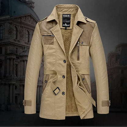 Elegant, insulated long trench coat for men with waist belt