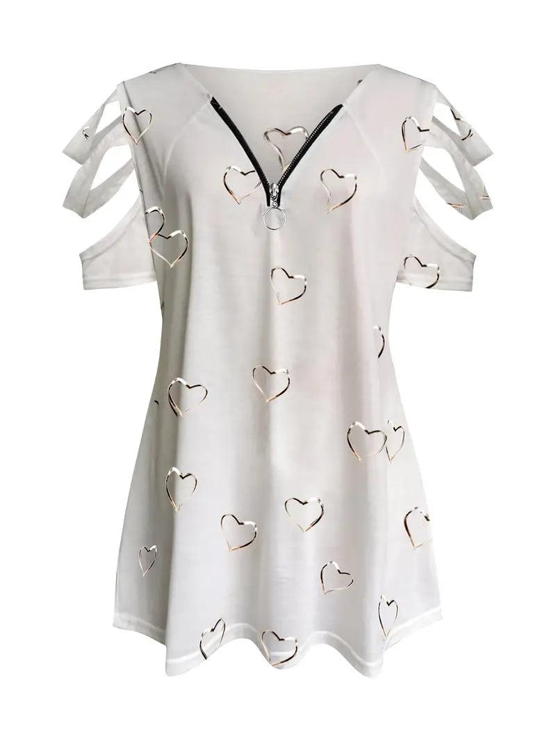 Isolde - short sleeve t-shirt with heart print and v-neck