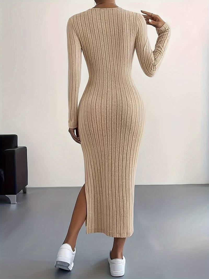 Ivy - solid ribbed crew neck long sleeve dress