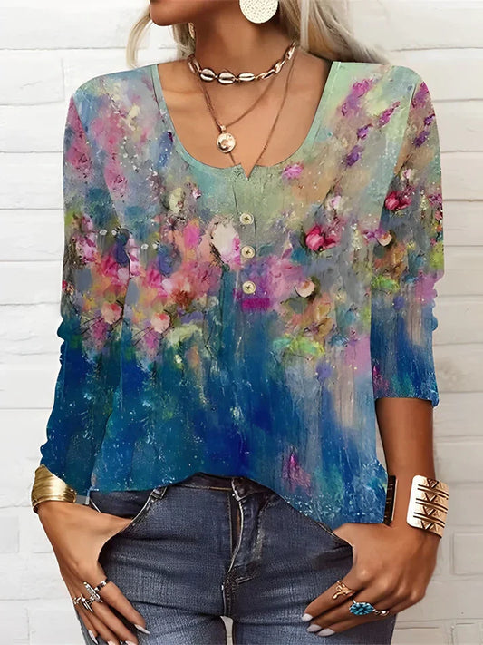 Casual long sleeve floral print t-shirt with crew neck and long sleeves