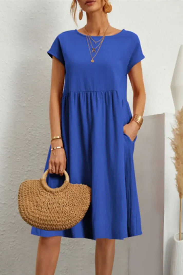 Melanie - plain-colored, casual dress with short sleeves and a round neckline