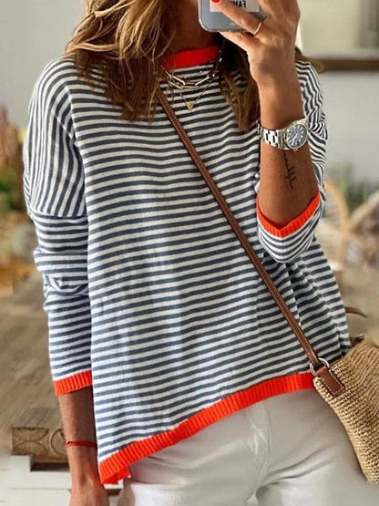 Navy and white striped long sleeve top with orange trim