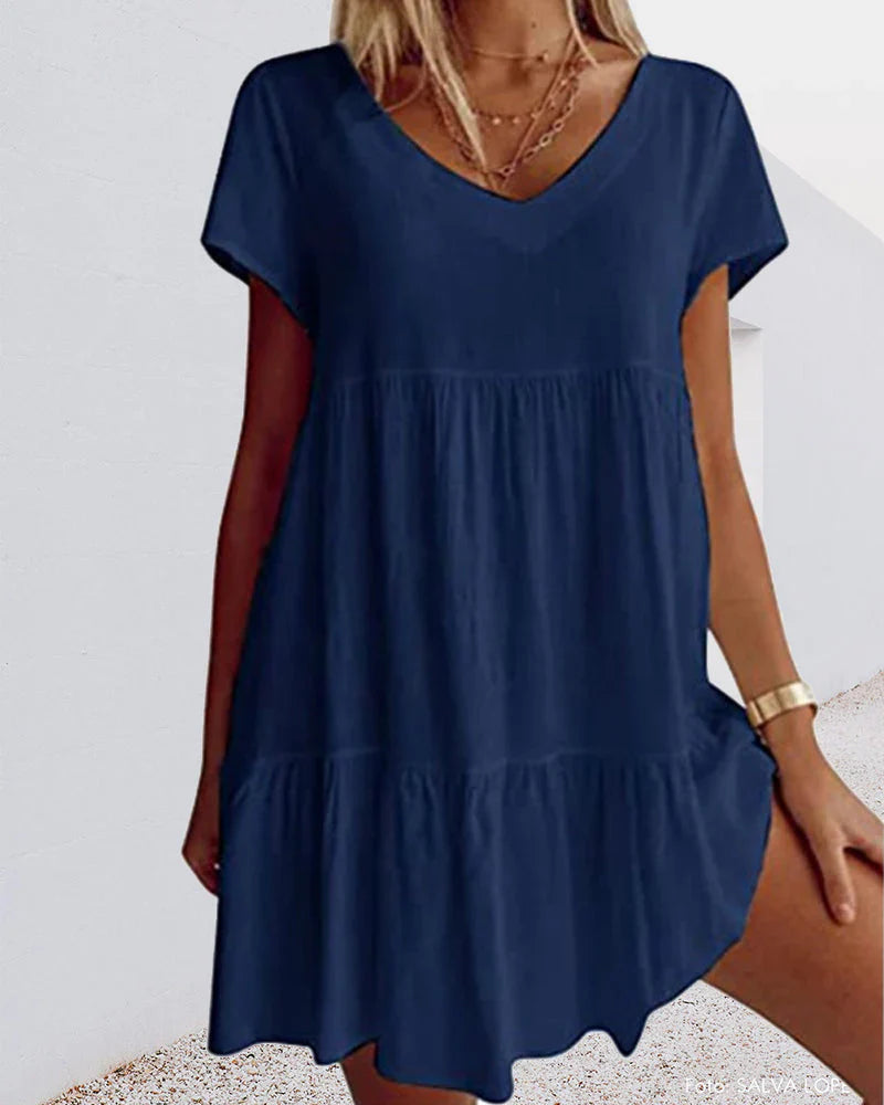 Isis - casual cotton blend dress with short sleeves and ruffle details