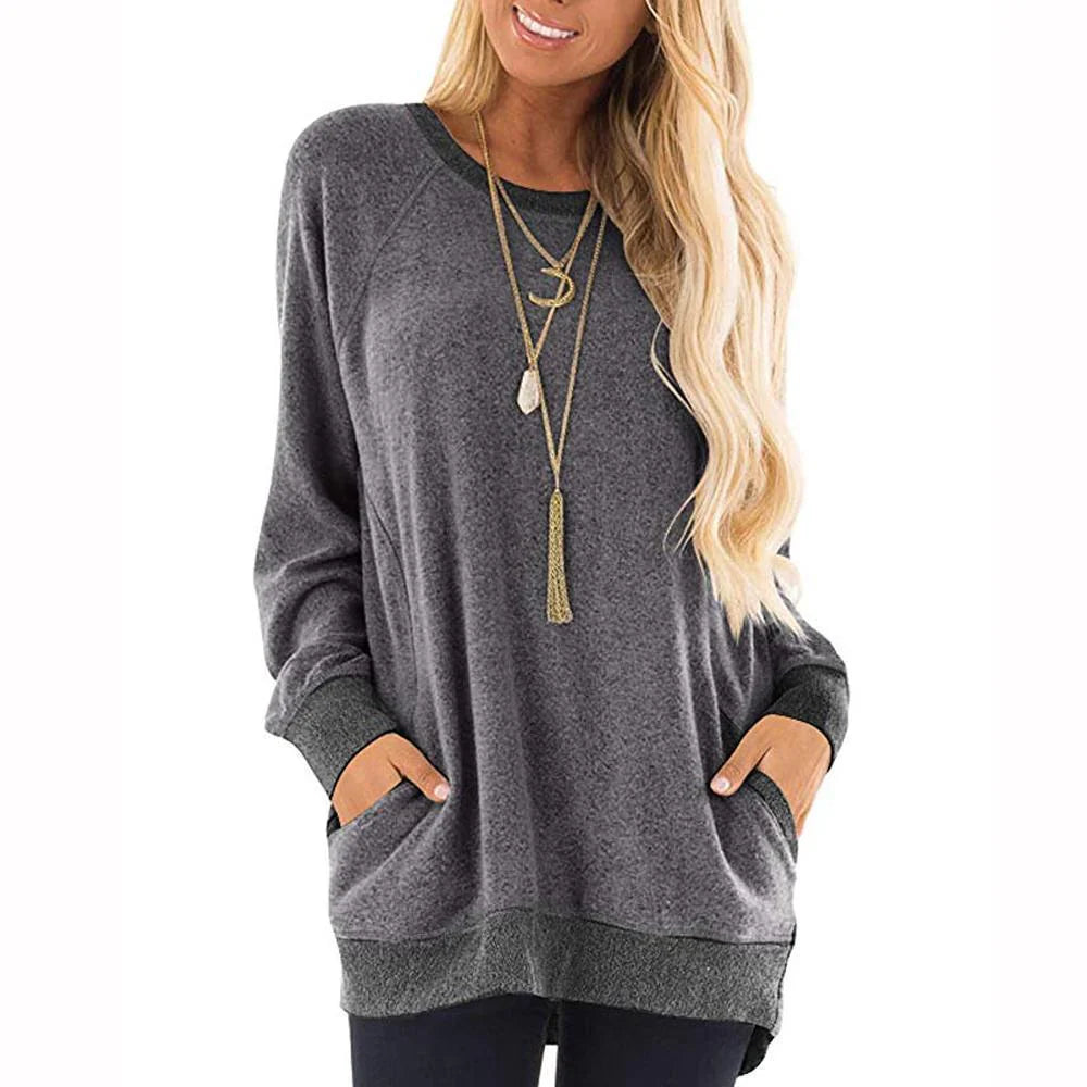 Casual women's t-shirt with long sleeves, round neck and 2 pockets