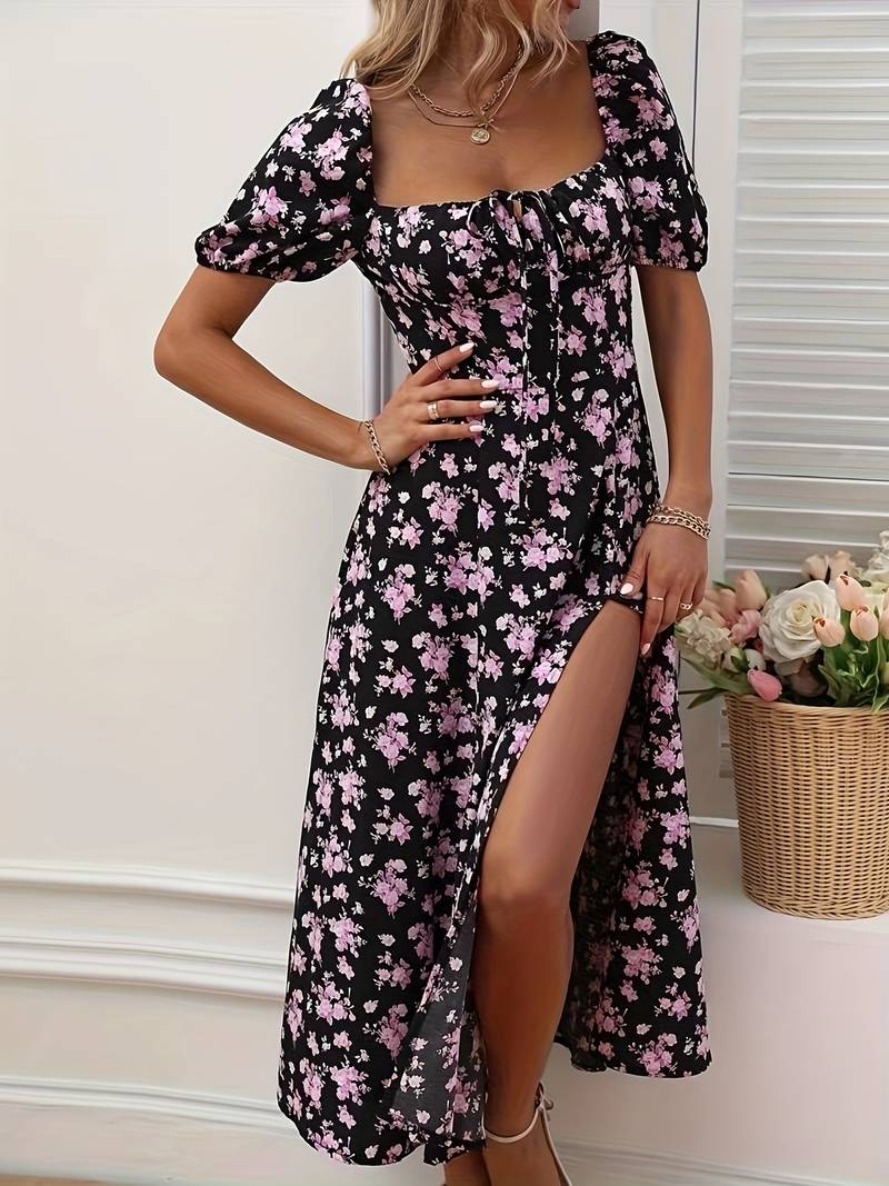 Ava split hem floral a-line dress for spring