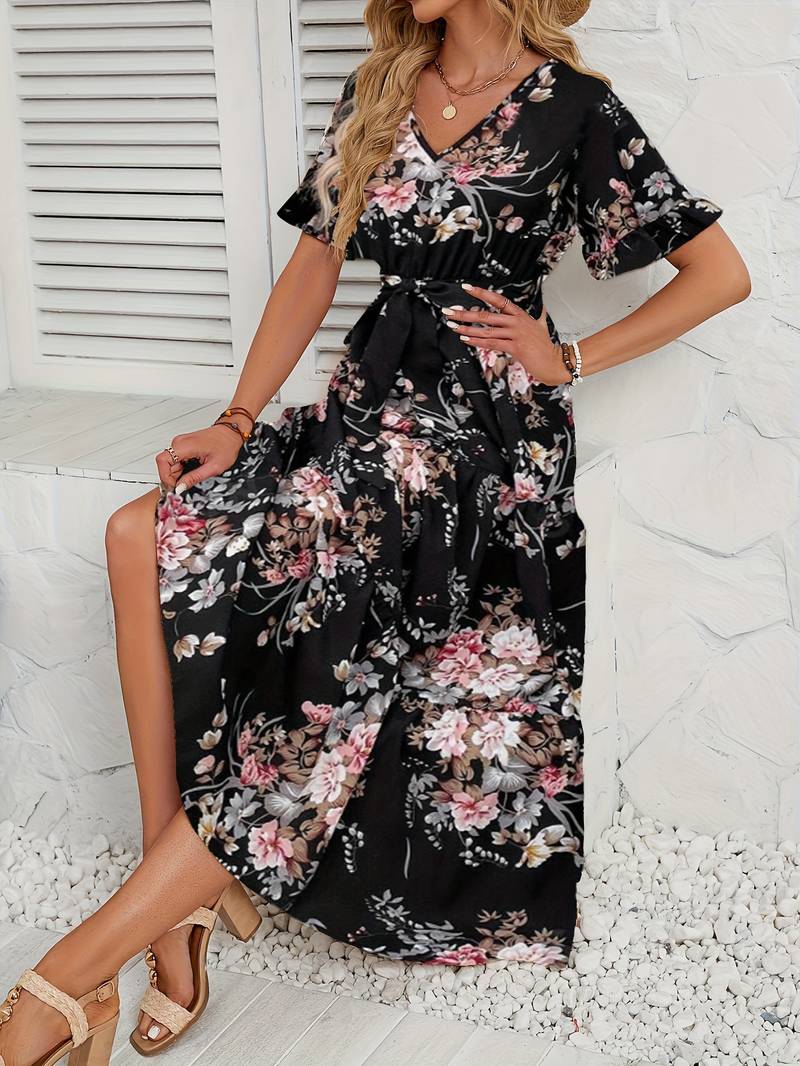 Lily short sleeve floral print ruffle v neck dress