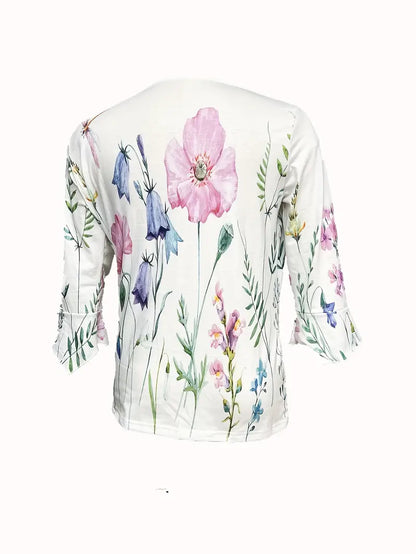 Fiorella – floral print top with buttons and flared sleeves