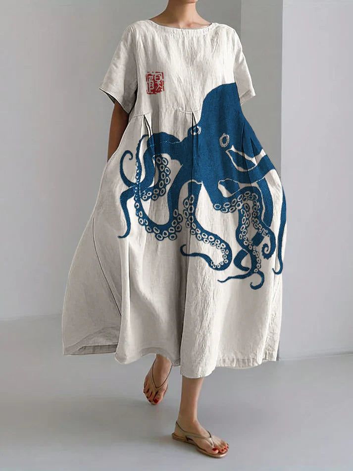 Gabriella - long dress in half linen with Japanese pattern in octopus linen