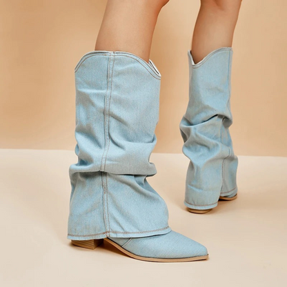 Franjes - folded denim boots with block heel