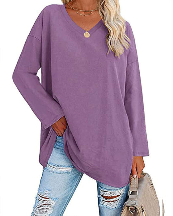 Plain women's blouse with long sleeves and v-neck