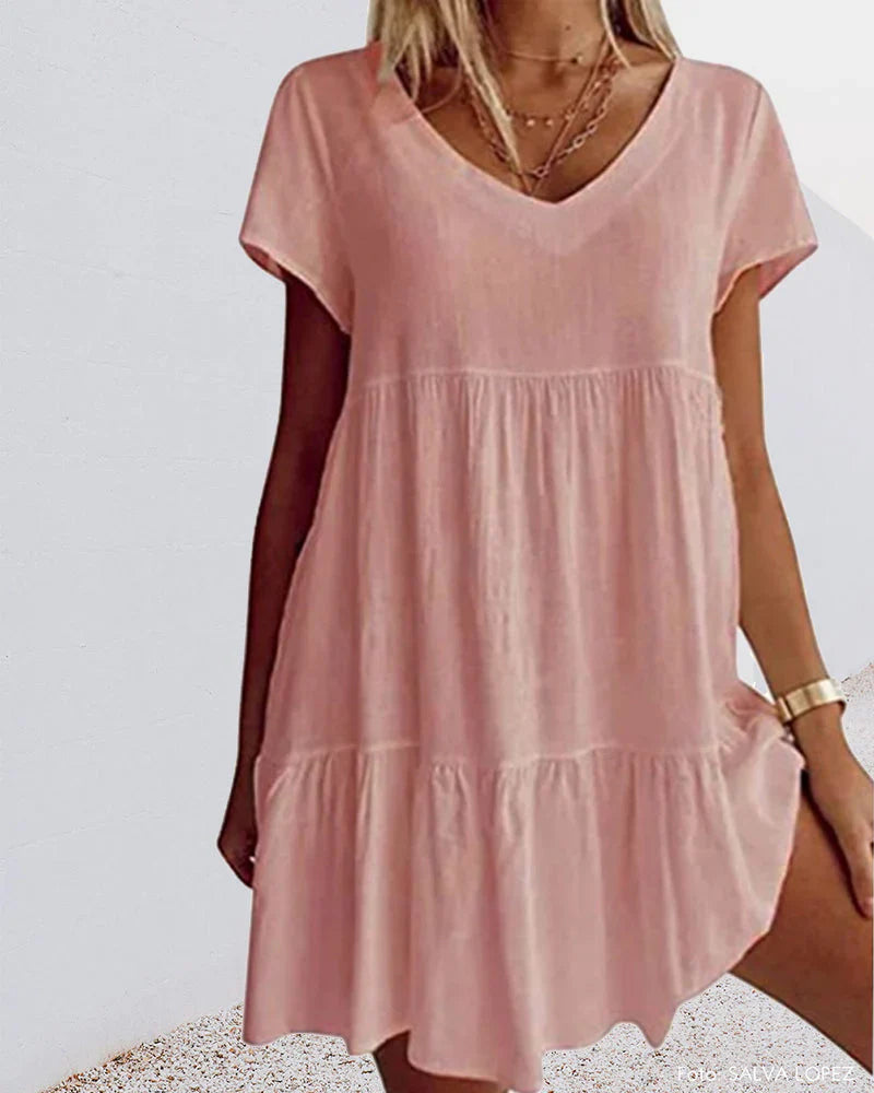 Isis - casual cotton blend dress with short sleeves and ruffle details