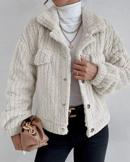 Casual - plain thick coat with lapel button and long sleeves