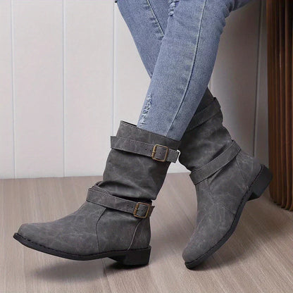 Kasha - vintage buckle strap western ankle boots for women