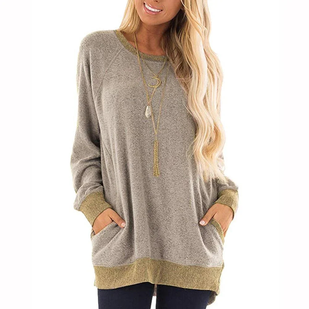 Casual women's t-shirt with long sleeves, round neck and 2 pockets