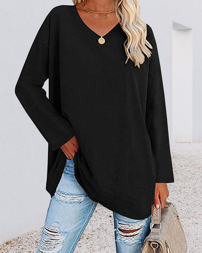 Plain women's blouse with long sleeves and v-neck