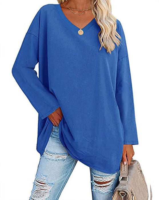 Plain women's blouse with long sleeves and v-neck