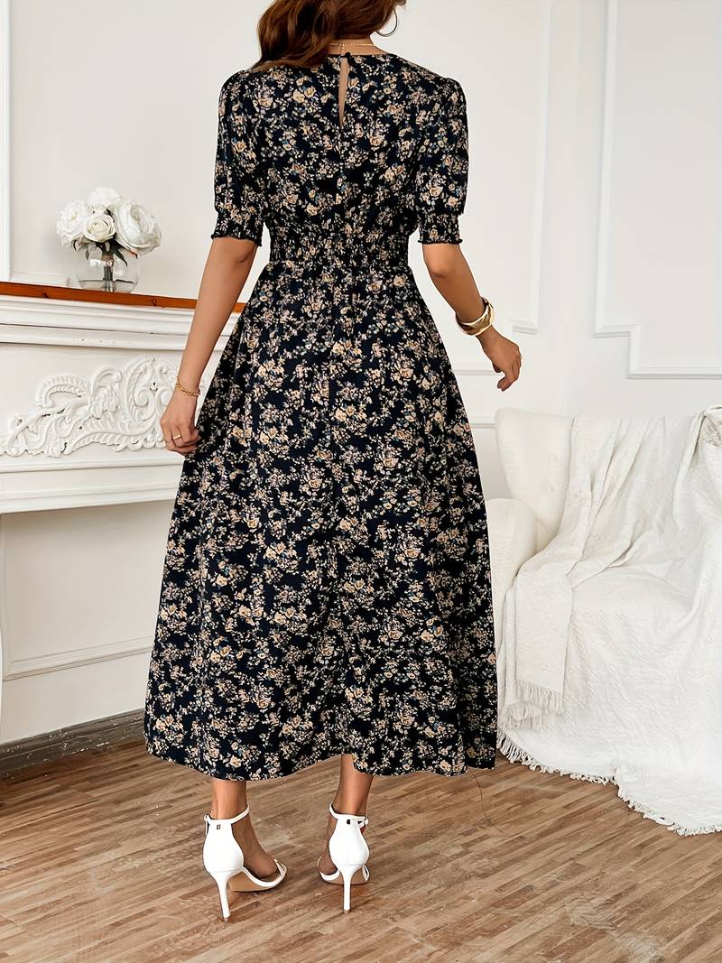 Amelia – dress with round neck and floral print for spring and summer