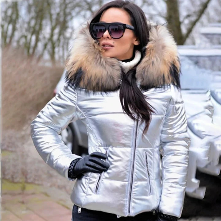 Christina - fashionable coat with faux fur lining in the hood and collar