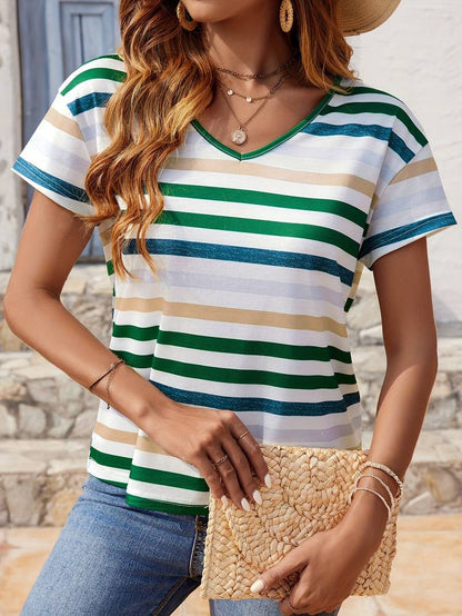 Harper stripe print v-neck t-shirt for spring and summer