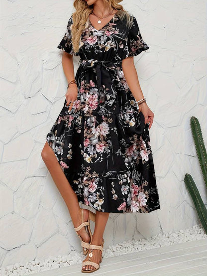 Lily short sleeve floral print ruffle v neck dress