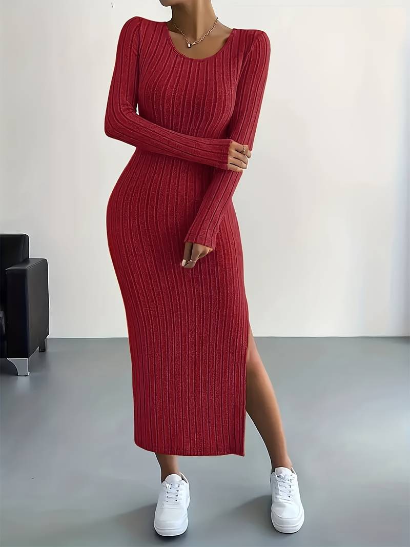 Ivy - solid ribbed crew neck long sleeve dress