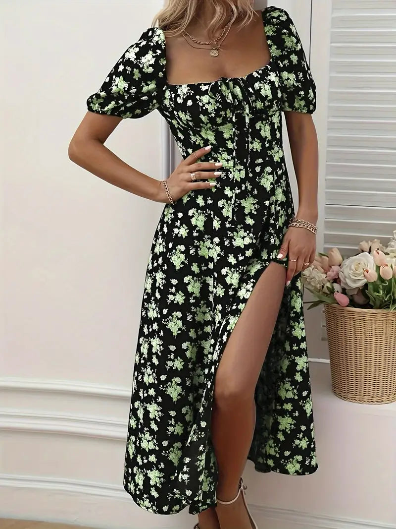 Ava floral print a-line dress with puff sleeves for spring and summer