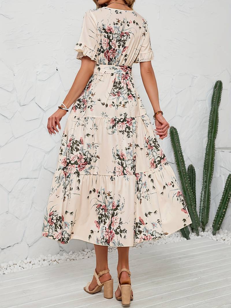 Lily short sleeve floral print ruffle v neck dress