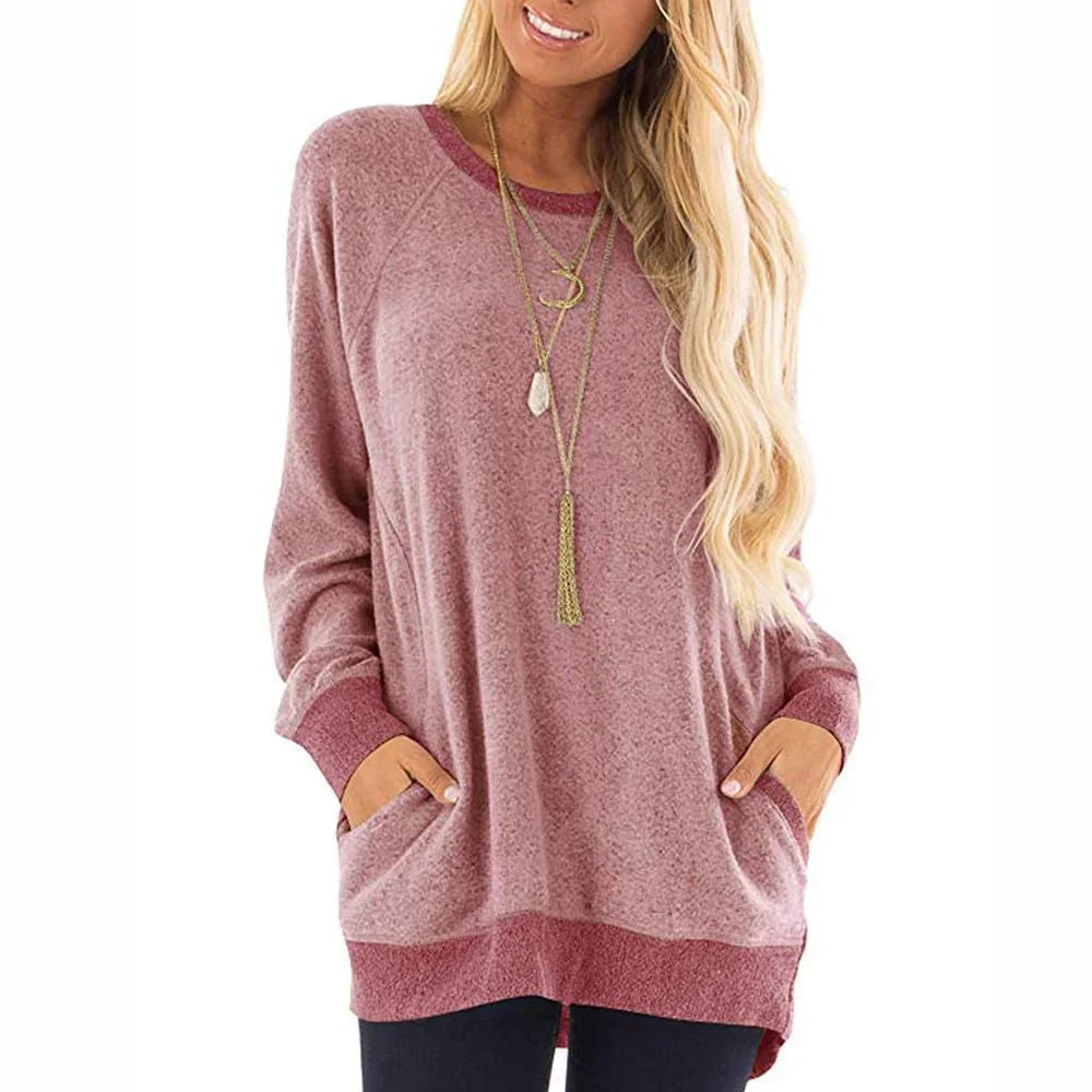 Casual women's t-shirt with long sleeves, round neck and 2 pockets