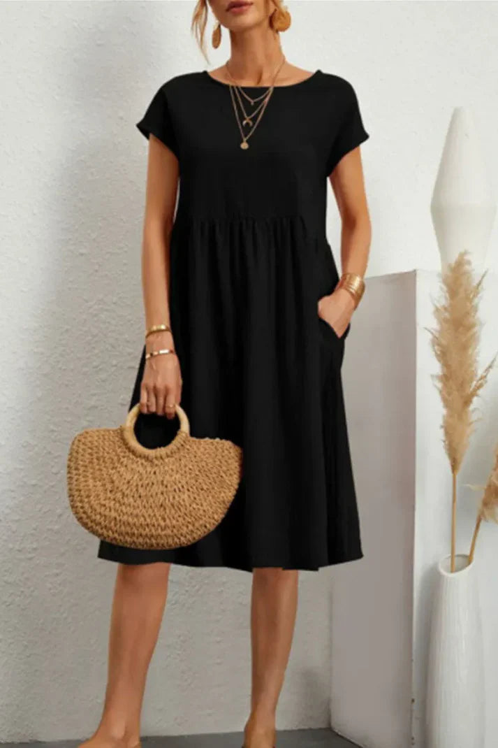 Melanie - plain-colored, casual dress with short sleeves and a round neckline