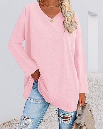 Plain women's blouse with long sleeves and v-neck