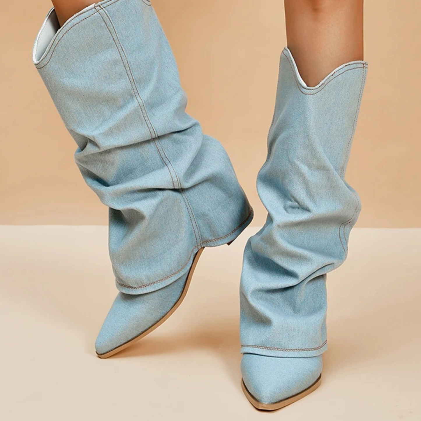 Franjes - folded denim boots with block heel