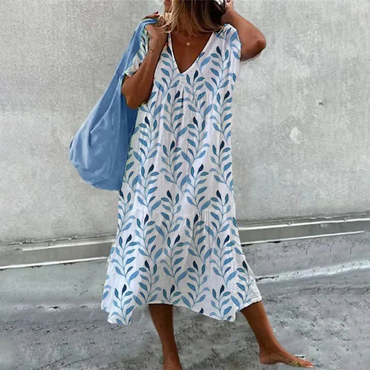 White mid-length dress with short sleeves watercolor blue